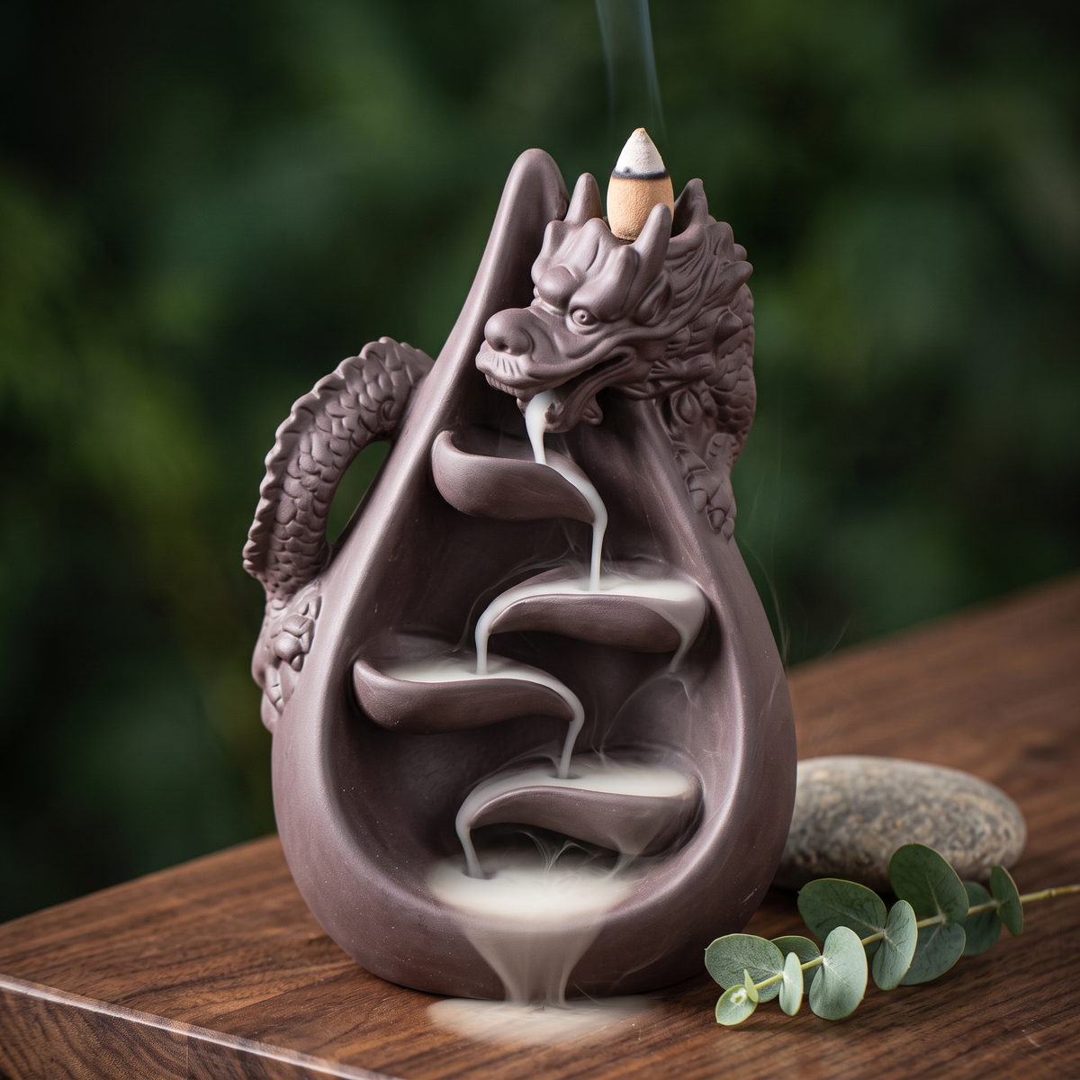 Dragon incense burner smoke waterfall detail
